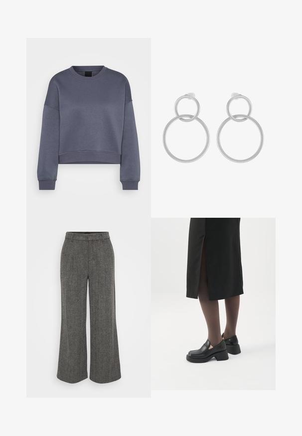 Tumehall pikkade varrukatega crewneck lõikega lühendatud särk, millel on soonikkoes mansetid ja ääred, esitatud valgel taustal.; Hallikas herringbone musteriga laiad püksid kitsaste paeltega, millel on volditud esiosa ja pehme, tekstuuriga kangas.; Naine, kes kannab musta kõva kontsaga loafer-kingi, läbipaistvaid musti sukkpükse ja musta seelikut tagumise lõhikuga valgel taustal.; Hõbedast kõrvarõngad, mis on kujundatud kahe omavahel seotud ringiga, üks suurem ja teine väiksem, rohkelt harjatud viimistlusega ja push-back-klambritega.