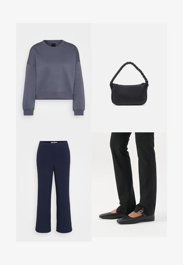 Donkergrijze langmouw cropped sweatshirt met ronde hals, voorzien van ribboord aan de mouwen en onderkant, weergegeven op een witte achtergrond.; Marineblauwe flairbroek met een gladde stofafwerking, voorzien van een platte tailleband en zonder zichtbare naden of versieringen.; Benen met zwarte smalle broek met voorsplitten aan de zoom, gecombineerd met zwarte platte Mary Jane-schoenen met een klein gespje.; Zwarte handtas met een ronde vorm, gemaakt van glad materiaal. Heeft een gevlochten handvat en een ritsluiting voor veilige opslag.