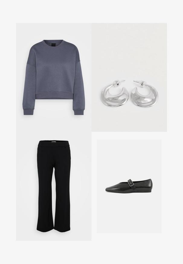 Tumehall pikkade varrukatega crewneck lõikega lühendatud särk, millel on soonikkoes mansetid ja ääred, esitatud valgel taustal.; Mustad, laiad püksid, mis on valmistatud pehmest ja venivast materjalist. Omab siledat vöökohta koos vöörihmadega ja servad on ääristatud. Lihtne ja mitmekülgne disain.; Must mustril leedjalats, millel on terav varvas, metallist pandla rihm üle jala ja madal, paindlik tall.; Paari poleeritud hõbedast kuusnurksete rõngaste kõrvarõngaid, selgete plastist tagustega valgel pinnal.