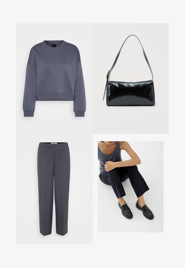 Donkergrijze langmouw cropped sweatshirt met ronde hals, voorzien van ribboord aan de mouwen en onderkant, weergegeven op een witte achtergrond.; Donkergrijze pinstriped op maat gemaakte broeken met rechte pijpen en een hoge taille, weergegeven tegen een effen lichte achtergrond.; Zwarte leren loafers met textuurelementen, lage hak, ronde neus en zichtbare stiksels. Model draagt donkere broek en een grijze top.; Zwarte rechthoekige schoudertas met een enkele verstelbare band en een bovenste ritssluiting op een effen achtergrond.