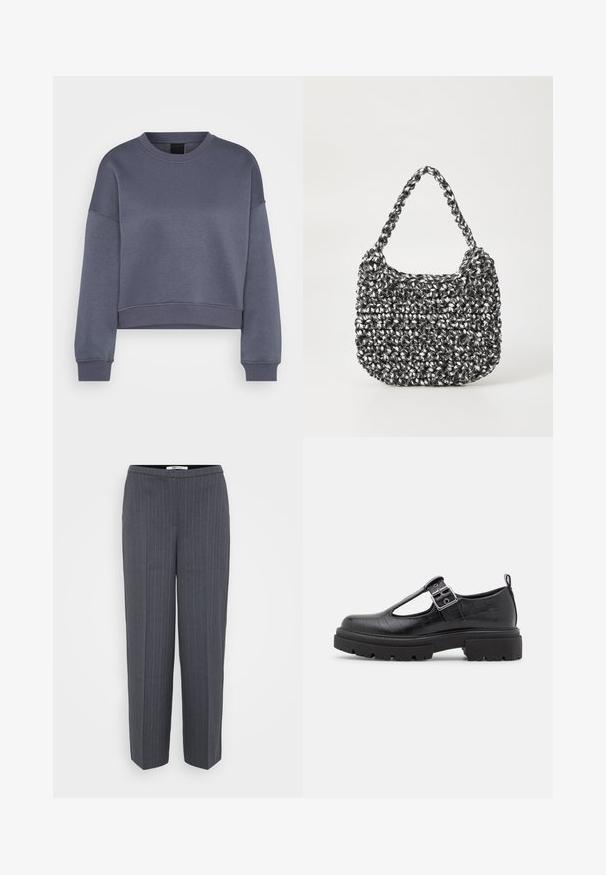 Sudadera corta de cuello redondo de manga larga en gris oscuro, con puños y dobladillo acanalados, exhibida sobre un fondo blanco.; Pantalones de sastre a rayas gris oscuro con piernas rectas y cintura alta, presentados sobre un fondo claro y liso.; Zapato de imitación cuero negro con textura de cocodrilo, puntera redondeada, correa en el tobillo con hebilla metálica y suela de goma gruesa.; Bolso de mano tejido en blanco y negro con forma redondeada, superficie texturizada y asa trenzada. Adecuado para uso casual.
