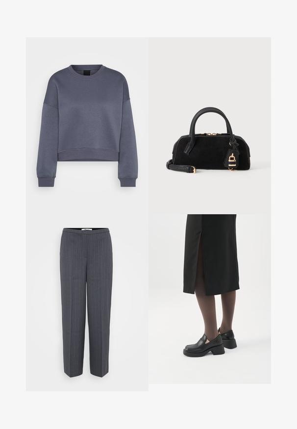 Sudadera corta de cuello redondo de manga larga en gris oscuro, con puños y dobladillo acanalados, exhibida sobre un fondo blanco.; Pantalones de sastre a rayas gris oscuro con piernas rectas y cintura alta, presentados sobre un fondo claro y liso.; Mujer con mocasines negros de tacón grueso, medias negras transparentes y una falda negra con una abertura trasera sobre un fondo blanco.; Bolso de mano negro de cuero con asas redondeadas, cremallera dorada, correa de hombro desmontable y un colgante de candado dorado.