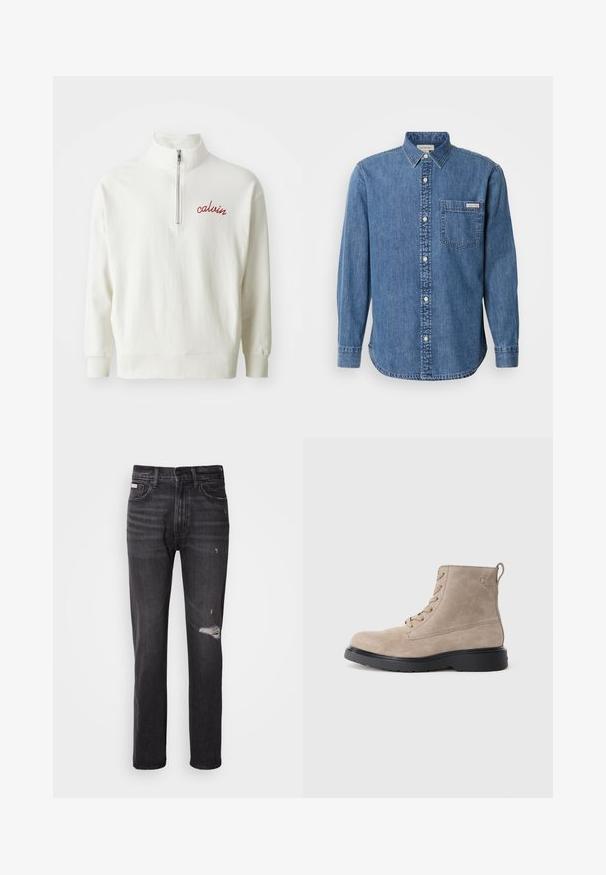 Lys creme farvet pullover sweatshirt med høj krave, halv-zip lukning og broderet rød "calvin" logo på brystet. Blød tekstur, afslappet pasform.; Denimskjorte i mellemblå med knappet krave, lange ærmer, forlommes og hvide knapper. Har en let buet kant.; Sorte denim jeans med lige ben-design, distressed detaljer ved knæene, fem-lommestil og en diskret falmet finish.; Beige ruskindsankelstøvler med sort gummisål, snørelukning og et lille logo præget på siden, med en løftestrop bagpå.