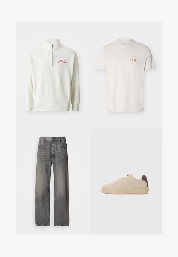 Sweatshirt léger crème avec un col montant, fermeture à demi-zip et logo "calvin" brodé en rouge sur la poitrine. Texture douce, coupe décontractée.; T-shirt blanc à manches courtes et col rond avec petit logo circulaire rouge « CK Calvin Klein » sur le côté gauche de la poitrine.; Jean à jambes larges en denim gris foncé avec une finition délavée. Dispose d'un design classique à cinq poches et de passants pour ceinture.; Baskets en daim beige avec un bout rond, lacets à l'avant et un accent en daim marron sur le talon. Dotées d'une semelle en caoutchouc texturé.