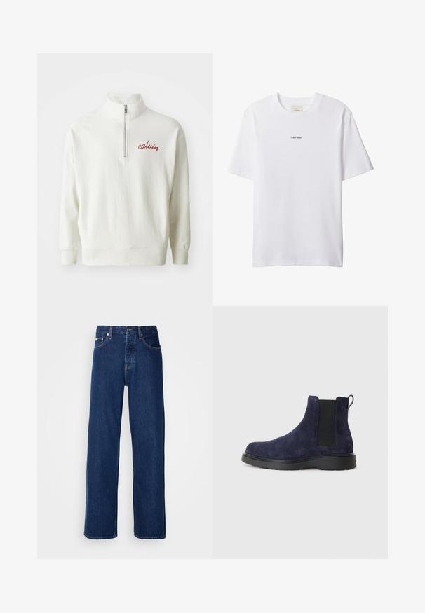 Lys creme farvet pullover sweatshirt med høj krave, halv-zip lukning og broderet rød "calvin" logo på brystet. Blød tekstur, afslappet pasform.; Hvid bomuld t-shirt med rund hals og korte ærmer. Har en lille sort "Calvin Klein"-logo centreret på brystet.; Mørkeblå denimjeans med et bredt ben-design, der har en knaplukning og klassisk fem-lomme styling. Stoffet har en glat tekstur.; Marineblå ruskind Chelsea-støvle med elastiske sidepaneler og en pull-tab. Sort gummisål med en struktureret overflade for greb og holdbarhed.