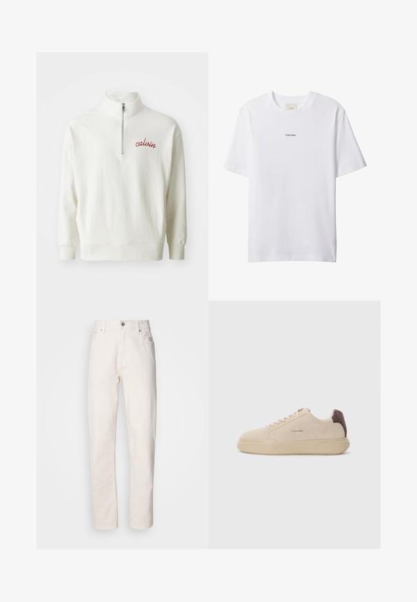Sweatshirt léger crème avec un col montant, fermeture à demi-zip et logo "calvin" brodé en rouge sur la poitrine. Texture douce, coupe décontractée.; T-shirt blanc en coton avec un col rond et des manches courtes. Présente un petit logo noir "Calvin Klein" centré sur la poitrine.; Jeans en denim blanc à jambe droite, avec fermeture à bouton et à fermeture éclair, passants de ceinture, et poches avant et arrière, présentés sur fond uni.; Baskets en daim beige avec un bout rond, lacets à l'avant et un accent en daim marron sur le talon. Dotées d'une semelle en caoutchouc texturé.
