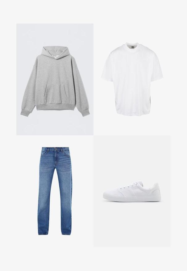 Sweat à capuche gris clair en tissu doux, avec une poche avant, des poignets côtelés et une coupe décontractée avec une étiquette au niveau du col.; T-shirt en coton blanc avec une coupe décontractée, des manches courtes et un col rond, présentant un ourlet droit et sans graphiques ni motifs visibles.; Jean en denim bleu à coupe droite, cinq poches et fermeture éclair. Décoloration subtile à l'avant, accents cousus en orange.; Baskets en toile blanches avec une semelle en caoutchouc, dotées de six œillets, d'un embout texturé et d'un design minimaliste.