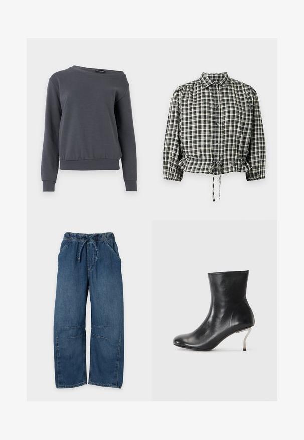 Grå sweatshirt lavet af blødt materiale, med rund hals, lange ærmer og en let indsnævret kant med ribbede manchetter og talje.; Sort og cremefarvet ternet bluse med krave, knaplukning og elastisk talje med snøre. Lange ærmer med manchetter.; Blå denim bukser med elastisk linning og snøre, lige brede ben samt sømdetaljer foran og ved knæene.; Sort læderankelstøvle med en buet sølv stilettohæl på en hvid baggrund.