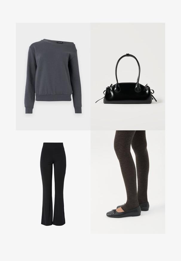Grå sweatshirt lavet af blødt materiale, med rund hals, lange ærmer og en let indsnævret kant med ribbede manchetter og talje.; Sorte højtaljede, strækbare bukser med let udvidede ben og en glat, sømløs konstruktion mod en hvid baggrund.; Ben iført mørke ribbede leggings kombineret med sorte balletsko med små sløjfedetaljer på hvid baggrund.; Lille sort blank håndtaske med to lange håndtag og snøre-detaljer i siden på en ensfarvet lys baggrund.