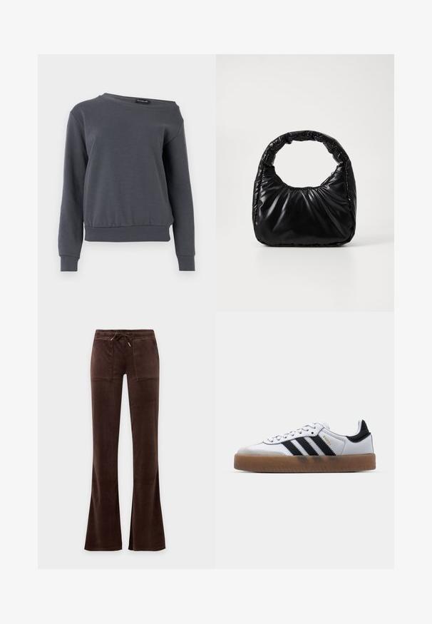 Grijze sweatshirt gemaakt van zacht materiaal, met een ronde hals, lange mouwen en een iets verkorte zoom met geribbelde manchetten en tailleband.; Donkerbruine veloursbroek met een trekkoord in de taille, twee voorzakken en licht uitlopende pijpen tegen een effen achtergrond.; Witte leren sneakers met zwarte strepen, gumrubberen buitenzool, ronde neus, vetersluiting en een zachte grijze suède neuskap.; Zwarte gevoerde handtas met een ronde handgreep, met een gladde, glanzende oppervlakte en een zachte, gewatteerde textuur. Geen zichtbare metalen onderdelen of accenten.