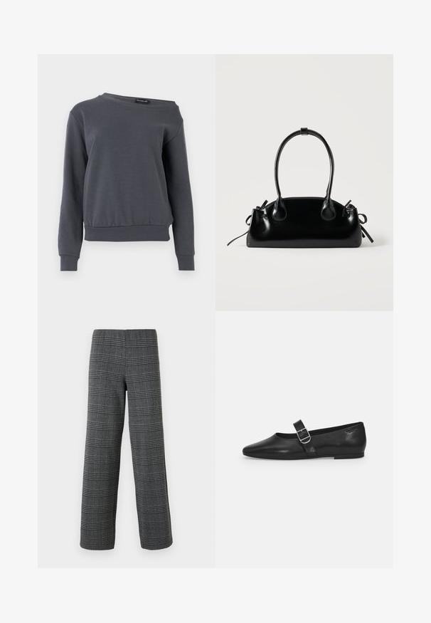 Grijze sweatshirt gemaakt van zacht materiaal, met een ronde hals, lange mouwen en een iets verkorte zoom met geribbelde manchetten en tailleband.; Vero Moda VMBERLIN WIDE PANT - Broek - dark grey/black; Zwarte leren platte schoen met een ronde neus, een enkele verstelbare gespsluiting en een gladde, glanzende textuur. Minimalistisch ontwerp met een lage hak.; Kleine zwarte glanzende handtas met twee lange hengsels en zijkant trekkoord details op een effen lichte achtergrond.
