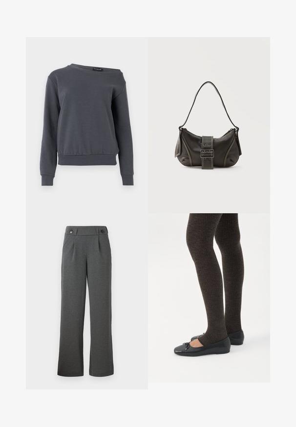 Grijze sweatshirt gemaakt van zacht materiaal, met een ronde hals, lange mouwen en een iets verkorte zoom met geribbelde manchetten en tailleband.; Grijze wijde broek gemaakt van textuurstof, met een hoge taille, plooien aan de voorkant en twee knopen op de tailleband.; Benen met donkere geribbelde leggings gecombineerd met zwarte ballerina's met kleine strikdetails op een witte achtergrond.; Zwarte leren schoudertas met gespsluiting aan de riem, afgeronde hoeken en contrasterende witte stiksels op een effen achtergrond.