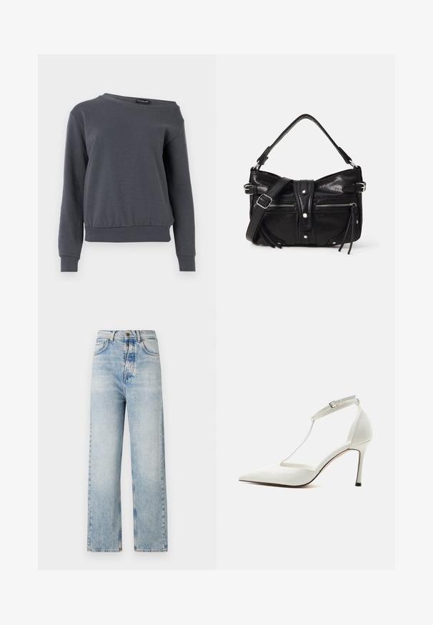 Grå sweatshirt lavet af blødt materiale, med rund hals, lange ærmer og en let indsnævret kant med ribbede manchetter og talje.; Lyseblå jeans med lige ben, lavet af denim. Har fem lommer, knap-gylp og subtilt slid mange steder.; Hvid spids højhælet sko med tynd ankelrem og spænde, glat finish og slank stilethæl på ensfarvet baggrund.; Even&Odd H24462 - Håndtasker - black