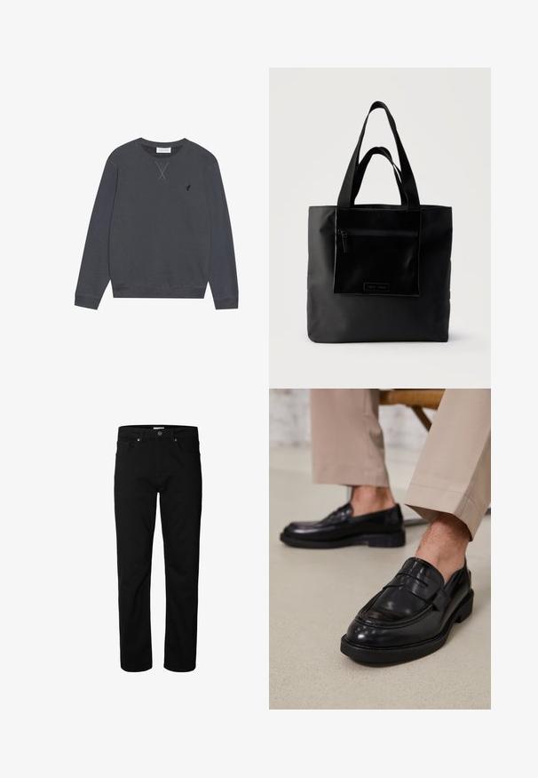 Mørkegrå sweatshirt, lavet af bomuldsmateriale, rund hals, lange ærmer, med X-søm detalje ved halslinjen, lille logo på venstre bryst.; Sorte jeans med lige ben, knap- og lynlåslukning, bæltestropper samt for- og baglommer, vist mod en ensfarvet hvid baggrund.; Sorte lædermokkasiner med en glat overflade, der har en dekorativ rem og kontraststing, parret med beige bukser.; Sort tote-taske med lynlåslomme foran og to håndtag, sat mod en ensfarvet lys baggrund.