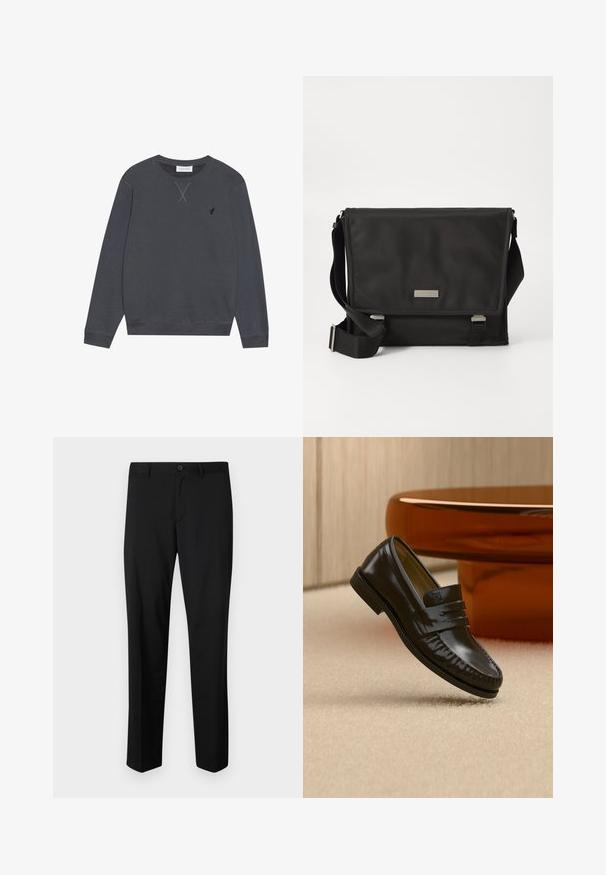 Dunkelgrauer Sweatshirt, Baumwollmaterial, Rundhalsausschnitt, lange Ärmel, mit X-Nähten am Ausschnitt, kleines Logo auf der linken Brust.; Schwarze maßgeschneiderte Hose mit flachem Frontschnitt, normaler Taille und geraden Beinen. Hergestellt aus glattem Material, mit einem einzelnen Knopfverschluss.; Glänzender schwarzer Leder-Loafer mit einem Riemendetail, auf einem beigen Teppich neben einem runden braunen Couchtisch in einem sanft beleuchteten Raum platziert.; Schwarze Umhängetasche aus Nylon mit matter Oberfläche. Verfügt über einen Klappenverschluss, einen verstellbaren Trageriemen und eine kleine Metall-Logo-Platte.