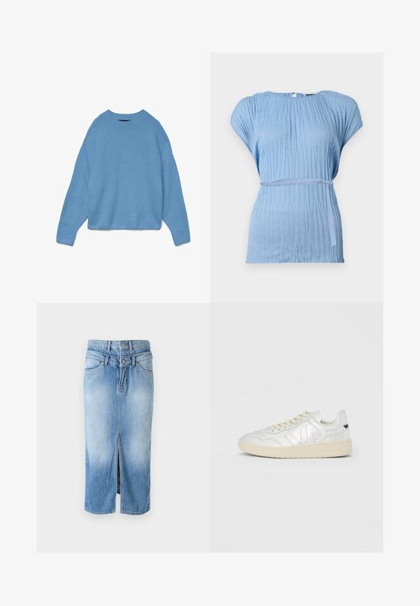Lichtblauwe gebreide trui met een ronde halslijn, een drop shoulder ontwerp en geribbelde manchetten en onderrand. Zachte textuur, ontspannen pasvorm.; Lichtblauwe blouse met een gestructureerd, geplooid ontwerp en korte mouwen; heeft een bijpassende stoffen ceintuur rond de taille voor accentuering.; Lichtblauwe denim rok met een voorsplit, sluiting met twee knopen, een hoge taille en een standaard vijf-pocketontwerp. Soepele textuur, halflang.; Sneaker met een glad bovenwerk in metallic zilver, een lichtbeige zool en crèmekleurige veters. Voorzien van geperforeerde details en een contrasterend achtertabblad.