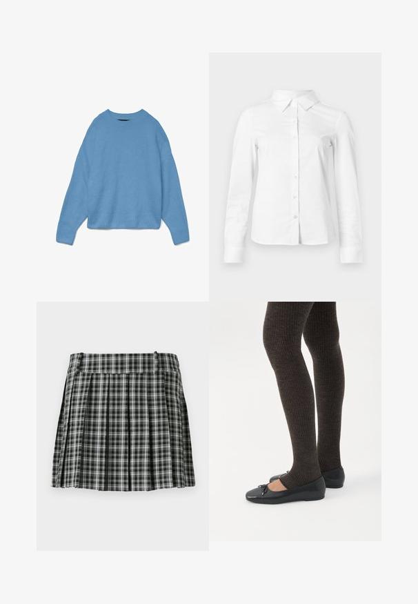 Lyseblå strikket sweater med rund halsudskæring, drop shoulder design og ribstrikkede manchetter og søm. Blød tekstur, afslappet pasform.; Hvid skjorte med lange ærmer, knapper, spids krave, lige kant og tætsiddende silhuet, vist på en ensartet lys baggrund.; Sort-hvidt ternet plisseret nederdel med en glat talje og flere lodrette folder. Fremstillet af let stof.; Ben iført mørke ribbede leggings kombineret med sorte balletsko med små sløjfedetaljer på hvid baggrund.