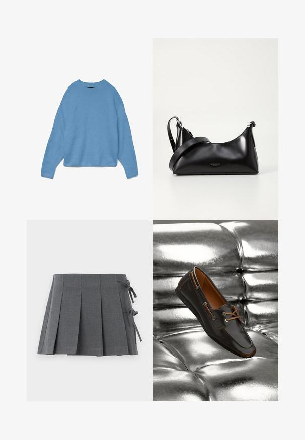 Lyseblå strikket sweater med rund halsudskæring, drop shoulder design og ribstrikkede manchetter og søm. Blød tekstur, afslappet pasform.; Grå plisseret mininederdel i et struktureret stof med bindelukning på den ene side og en glat linning for øget komfort.; Brun læder loafers med tan detaljer og metalliske øjer, med en rund tå og glat overflade, sat mod en skinnende sølvbaggrund.; Sort læderhåndtaske med en glat tekstur. Har en justerbar stropp og et enkelt, minimalistisk design med lynlås.