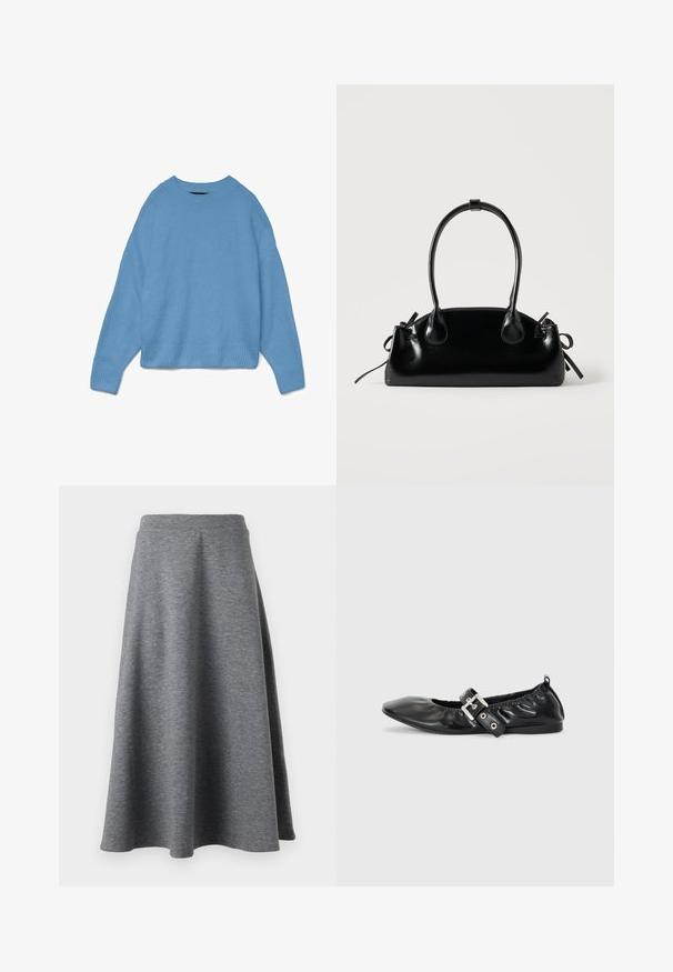 Lyseblå strikket sweater med rund halsudskæring, drop shoulder design og ribstrikkede manchetter og søm. Blød tekstur, afslappet pasform.; Grå, knælang nederdel lavet af blødt, strækbart materiale, med en lækker design og en elastisk talje for komfort.; Sorte læder flade sko med spids tå, samling detaljer omkring åbningen, og en sølv spænde accent på den justerbare rem.; Lille sort blank håndtaske med to lange håndtag og snøre-detaljer i siden på en ensfarvet lys baggrund.