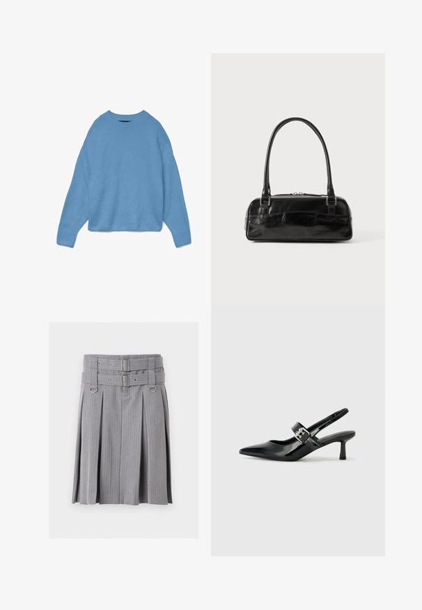 Lyseblå strikket sweater med rund halsudskæring, drop shoulder design og ribstrikkede manchetter og søm. Blød tekstur, afslappet pasform.; Grå plisseret nederdel med striber med dobbelt bælte og sølvspænder, med D-ring detaljer ved taljen.; Sorte laker slingback hæle med spids tå og en lille blokhæl, med en sølvspændeaccent på remmen.; Sort læderhåndtaske med rektangulær form, der har et enkelt struktureret håndtag, sølvhardware og lynlås-lukning. Glat tekstur.