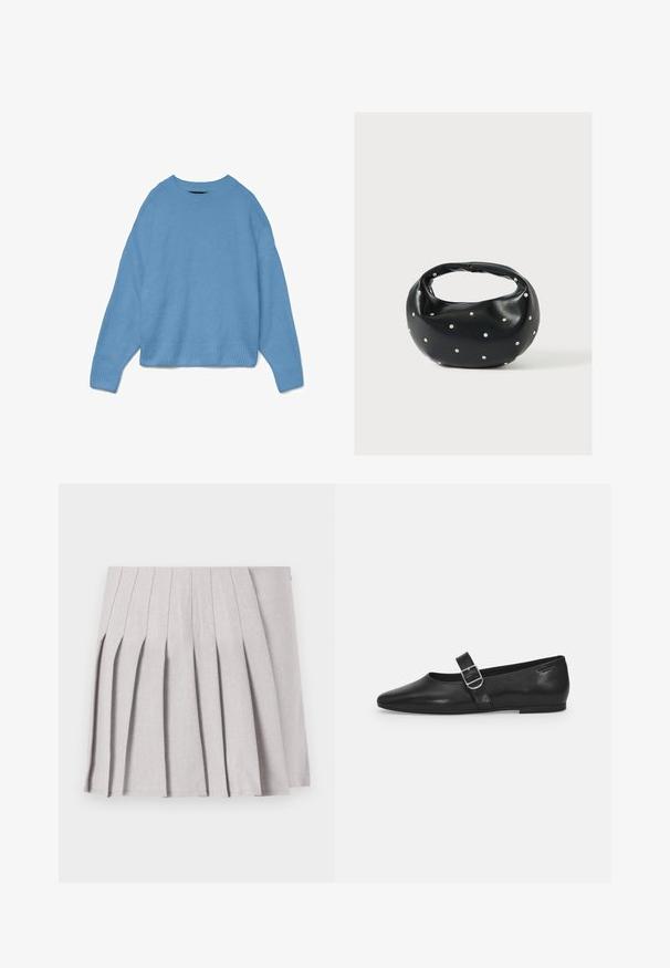 Lyseblå strikket sweater med rund halsudskæring, drop shoulder design og ribstrikkede manchetter og søm. Blød tekstur, afslappet pasform.; Grå plisseret nederdel med en glat tekstur, der har flere lodrette folder og en tætsiddende talje. Fremstillet af letvægtsstof.; Sorte læder flade sko med rund tå, et enkelt justerbart spænde og en glat, blank overflade. Minimalistisk design med en lav hæl.; Sort læderhåndtaske med en rundet form, dekoreret med sølvnitter, og et kort håndtag. Glat tekstur og lynlåslukning.