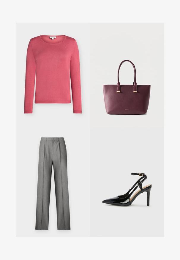 Pull à manches longues, col rond en rose uni, fabriqué dans un tissu tricoté doux avec une texture lisse. Dispose de poignets et d'un ourlet côtelé.; Pantalon gris sur mesure avec un devant plissé, une coupe droite et une texture subtile. Il présente une taille avec passants pour ceinture et aucune poche visible.; Escarpin en cuir verni noir à talon haut, avec un bout pointu, une bride réglable à la cheville et des côtés ouverts. Texture lisse.; Sac fourre-tout en cuir violet foncé avec deux poignées et petit logo de marque doré sur le devant, posé sur un fond clair uni.