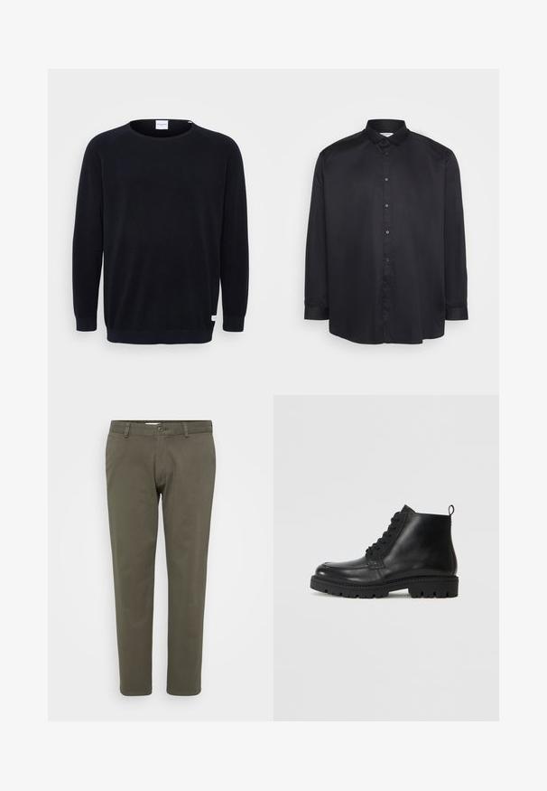Sort strikket sweater med rund halsudskæring og lange raglanærmer. Har ribbede manchetter og kant, tekstureret stof og et lille mærke ved kanten.; Sort langærmet skjorte lavet af glat stof. Har en klassisk krave, knaplukning foran og afrundet bund. Enkel design, ingen mønstre.; Olivenfarvede bukser lavet af en bomuldsblanding. Lige ben design med flad front, knaplukning og bæltestropper. Glat tekstur.; Sorte læder ankelstøvler med rund tå, snørebånd fortil og tekstureret gummisål. Inkluderer en løkke ved hælen for nem påføring.