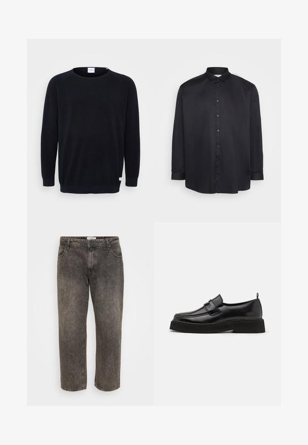 Sort strikket sweater med rund halsudskæring og lange raglanærmer. Har ribbede manchetter og kant, tekstureret stof og et lille mærke ved kanten.; Sort langærmet skjorte lavet af glat stof. Har en klassisk krave, knaplukning foran og afrundet bund. Enkel design, ingen mønstre.; Sorte falmede jeans med lige ben, foran knap- og lynlås-lukning, forlommer og bæltestropper.; Sorte læder loafersko i stil med flad, tekstureret sål, med en syet tå og en rem over vristen.