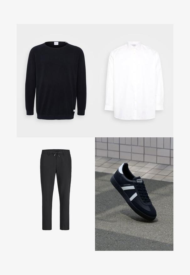 Sort strikket sweater med rund halsudskæring og lange raglanærmer. Har ribbede manchetter og kant, tekstureret stof og et lille mærke ved kanten.; Hvid langærmet skjorte med knapper lavet af bomuld. Har en spids krave og seks knapper fortil. Glat tekstur, normal pasform.; Sorte, afslappede bukser med elastisk taljebånd og justerbar snøre, lige ben pasform og bæltestropper.; Sort lædersneaker med hvide striber, tekstureret gummisål og snørrebånd foran. Har et brandet mærke på tungen.
