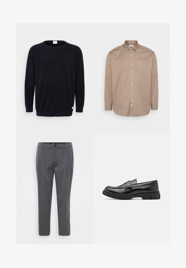 Sort strikket sweater med rund halsudskæring og lange raglanærmer. Har ribbede manchetter og kant, tekstureret stof og et lille mærke ved kanten.; Længærmet skjorte i tan med knapper, krave, enkelt brystlomme og subtil tekstur. Fremstillet af letvægtsstof og med hvide knapper.; Grå stribede bukser lavet af vævet stof, med flad front, bæltestropper og en enkelt knaplukning. Skåret pasform og opkradede ben.; Sort læder loafersko med en bred rem over forfoden, gummisål med tykke mønstre og glat overflade. Klassisk, slankt design.