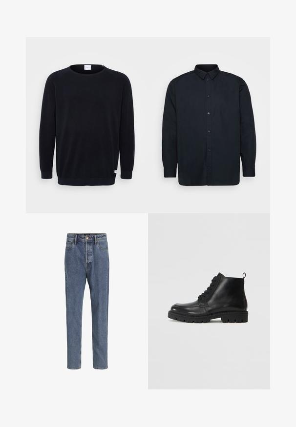 Sort strikket sweater med rund halsudskæring og lange raglanærmer. Har ribbede manchetter og kant, tekstureret stof og et lille mærke ved kanten.; Sort skjorte med knapper lavet af bomuld, med en klassisk krave, lange ærmer og syv frontknapper. Glat tekstur, uden bemærkelsesværdige mønstre.; Lyseblå denimjeans med fem lommer, lige ben, knaplukning og bæltestropper, vist mod en ensfarvet baggrund.; Sorte læder ankelstøvler med rund tå, snørebånd fortil og tekstureret gummisål. Inkluderer en løkke ved hælen for nem påføring.