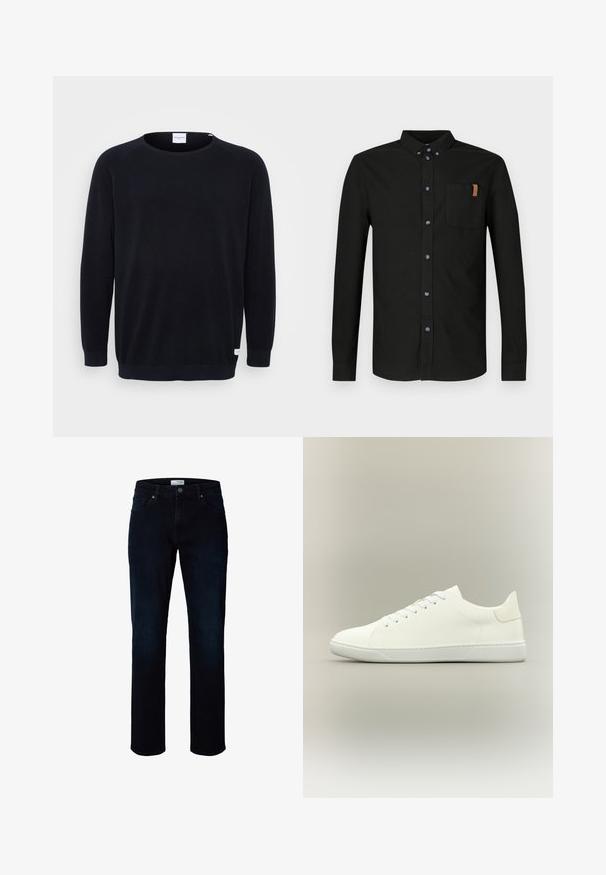 Sort strikket sweater med rund halsudskæring og lange raglanærmer. Har ribbede manchetter og kant, tekstureret stof og et lille mærke ved kanten.; Sort langærmet skjorte i bomuld med knapper foran, en brystlomme med tan accent og blå knapper.; Mørkeblå jeans med lige ben, forlommer, bæltestropper og knaplukning i taljen.; Hvid lavtsiddende sneakers med snørebånd, glat læderoverdel og flad gummisål på en neutral baggrund.