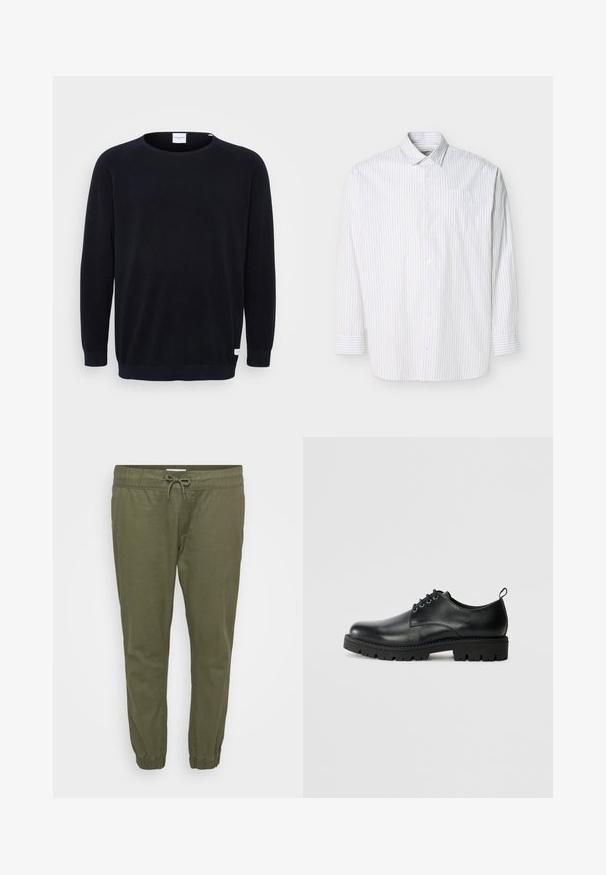 Sort strikket sweater med rund halsudskæring og lange raglanærmer. Har ribbede manchetter og kant, tekstureret stof og et lille mærke ved kanten.; Hvid skjorte med lange ærmer og knapper foran, med tynde lodrette beige striber og en brystlomme, vist fladt på en lys baggrund.; Olivenfarvede, letvægts tapered bukser med elastisk talje, justerbar snøre og elastiske manchetter ved anklerne. Glat tekstur.; Sort læder sko med en rund tå, der har snørelukning, solid sort gummisål og en lille hælflap bagpå.