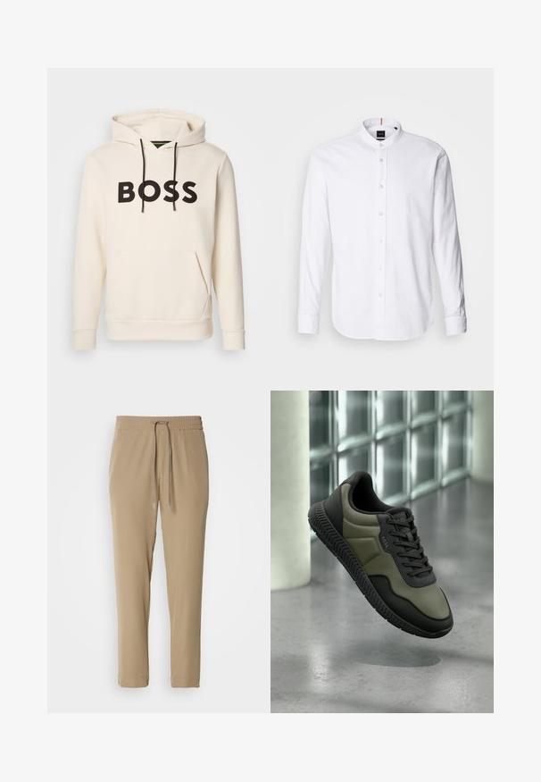Cremefarvet hoodie med sort "BOSS" tekst på brystet, sorte snore og en front kangaroo lomme.; Hvid langærmet skjorte med bandkrave, knaplukning fortil og rund kant. Lavet af bomuld, med en glat struktur og subtil glans.; Beige joggerbukser med elastisk talje og snøre. De har et tapered design og manchetter ved foden, lavet af letvægtsstof.; Herregrøn og sort BOSS-sneaker med tekstureret sål, svævende over en poleret betongulv nær en glasblokvæg.