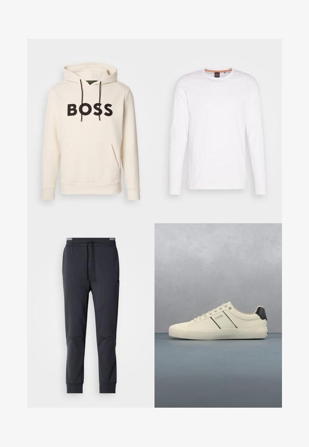 Cremefarvet hoodie med sort "BOSS" tekst på brystet, sorte snore og en front kangaroo lomme.; Hvid langærmet T-shirt lavet af bomuld. Har en rund halsudskæring og et lille prægede logo på venstre bryst. Glat tekstur.; Mørkegrå sweatpants med snoretræk i taljen, tapered ben og sidelommer. Glat tekstur og minimalistiske designdetaljer.; Cremefarvede sneakers med en glat tekstur, der har sorte accenter og branding. Klassisk snørebåndsdesign med rund tå og gummisål.