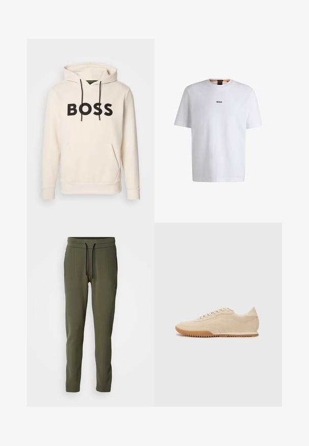 Cremefarvet hoodie med sort "BOSS" tekst på brystet, sorte snore og en front kangaroo lomme.; Hvid bomuld T-shirt med korte ærmer, med et sort "BOSS" logo centreret på brystet og en rund halsudskæring.; Joggingbukser i olivengrøn med ribbet tekstur, elastisk talje og sort snøre. Har sidelommer og tilspidsede manchetter.; Beige ruskinds sneakers med et strømlinet design, der har et struktureret overdel, rund tå og en gummisål med et zigzag-mønster.