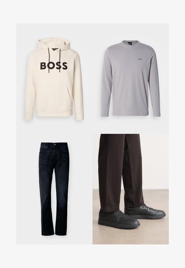 Cremefarvet hoodie med sort "BOSS" tekst på brystet, sorte snore og en front kangaroo lomme.; Langærmet T-shirt lavet af lysegrå bomuld med rund hals og et lille sort "BOSS"-logo på venstre bryst.; Mørk indigoblå jeans med lige ben, lukning foran med knap og lynlås, bæltestropper og fem-lomme-design, vist på ensfarvet lys baggrund.; Sorte sneakers med en glat læderlignende overflade, rund tå og snørebåndsdesign. Sammen med mørke, afslappede bukser. Flad gummisål.