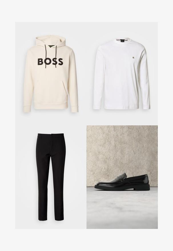 Cremefarvet hoodie med sort "BOSS" tekst på brystet, sorte snore og en front kangaroo lomme.; Hvid T-shirt med lange ærmer lavet af glat bomuld, med rund hals og en lille metal-logo-detalje på venstre bryst.; Sorte bukser lavet af glat stof, med lige ben, lukkes med knapper foran og har diskrete sidelommer. Enkelt og skræddersyet udseende.; Sort poleret læderloafer flydende over beige tæppe med orange gennemsigtigt møbel i baggrunden.