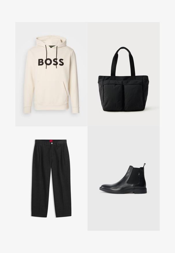 Cremefarvet hoodie med sort "BOSS" tekst på brystet, sorte snore og en front kangaroo lomme.; Sorte bukser med høj talje med forreste læg, bæltestropper, knap og lynlås lukning samt en rød label indeni linningen.; Sorte læder Chelsea støvler med elastiske sidepaneler, en pull-tab og en flad gummisål. Glat tekstur med minimal detaljer.; Sort tote bag med blødt stof, to forlommer og robuste håndtag. Logo vist på siden. Enkel, funktionel design.