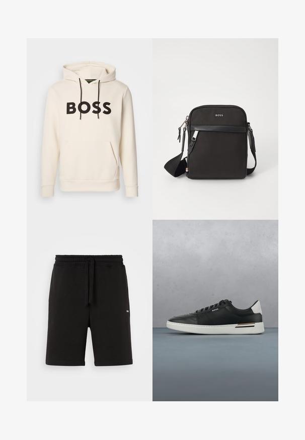 Crème kleurige hoodie met zwarte "BOSS" tekst op de borst, zwarte trekkoorden en een handige buidelzak aan de voorkant.; Zwarte katoenen shorts met een elastische tailleband en drawstring. Voorzien van zijzakken en een klein logo aan de voorkant. Glad textuur.; Zwarte leren sneaker met witte zool, voorzien van perforaties, vetersluiting, logo aan de zijkant en contrasterend hieldetail in wit en bruin.; Zwarte schoudertas van textuurstof, met logo aan de voorkant, ritssluiting en verstelbare schouderband. Voorzien van een gladde leren rand.