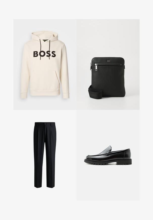 Cremefarvet hoodie med sort "BOSS" tekst på brystet, sorte snore og en front kangaroo lomme.; Sorte bukser lavet af glat stof, med lige ben-design, plisseringer foran og knaplukning med bæltestropper.; Sort læderloafer med chunky gummisål, syet overdel og præget mærkenavn på hælen, vist i sideprofil på hvid baggrund.; Sort læder crossover-taske med fladt design, tekstureret overflade, lynlås, forlomme og justerbar stofrem.
