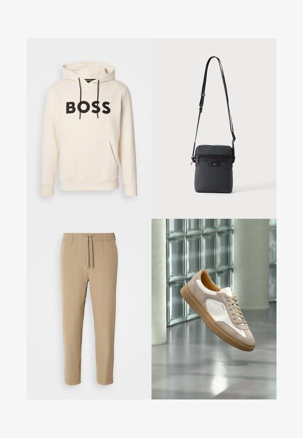 Crème kleurige hoodie met zwarte "BOSS" tekst op de borst, zwarte trekkoorden en een handige buidelzak aan de voorkant.; Beige, taps toelopende broek met een elastische tailleband en een trekkoord. Glad materiaal met een strakke uitstraling en zonder zichtbare patronen of hardware.; Beige en witte sneaker met lichtbruine zool en "BOSS"-logo, zwevend boven een reflecterende gladde vloer met glazen blokkenmuur op de achtergrond.; Kleine grijze crossbodytas met verstelbare band, voorvak met rits en een reliëflogo "BOSS" op het voorpaneel.