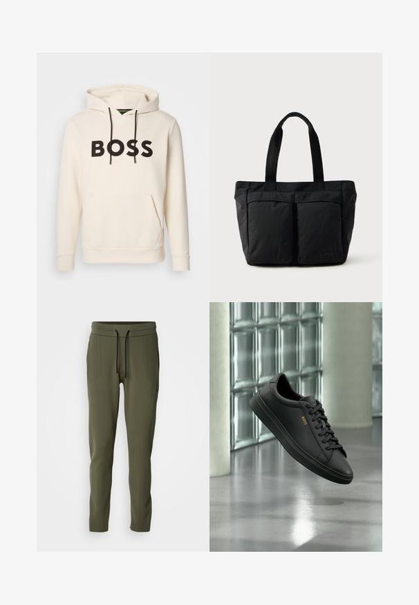 Hoodie couleur crème avec le texte noir "BOSS" sur la poitrine, des cordons de serrage noirs et une poche kangourou à l'avant.; Pantalon de jogging vert olive avec texture côtelée, taille élastique et cordon de serrage noir. Comprend des poches latérales et des poignets resserrés.; Baskets basses en cuir noir avec lacets noirs et logo BOSS doré sur le côté, flottant au-dessus d’un sol gris brillant dans un espace intérieur moderne.; Sac fourre-tout noir en tissu doux, avec deux poches avant et des anses robustes. Logo affiché sur le côté. Design simple et fonctionnel.