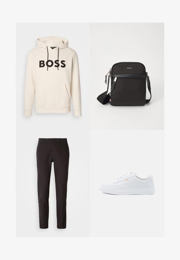 Cremefarvet hoodie med sort "BOSS" tekst på brystet, sorte snore og en front kangaroo lomme.; Sorte bukser lavet af glat stof, med lige snit, standard linning med knaplukning og uden synlige lommer eller mønstre.; Hvide lædersneakers med glat tekstur, rund tå og ton-i-ton syning. Har blå snørebånd og et gult logo på siden.; Sort crossbody taske med et struktureret stof, logo på fronten, lynlås lukning og justerbar rem. Har en glat læderkant.