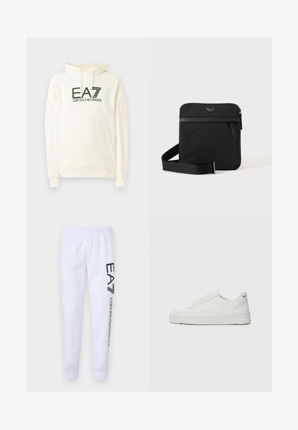 Weißer Kapuzenpullover aus weichem Material, mit einer vorderen Tasche und einem bedruckten Logo in Dunkelgrün. Lange Ärmel mit gerippten Bündchen.; Weiße Sweatpants aus weichem Material, mit schwarzen aufgedruckten Logos "EA7" und "Emporio Armani" entlang des linken Beins, ausgestattet mit elastischem Bund und Bündchen.; Weiße Ledersneaker mit glatter Oberfläche, runder Zehenpartie, flachen Schnürsenkeln und strukturiertem Sohlenprofil. Mit einem dezenten Logo an der Ferse.; Schwarze quadratische Schultertasche mit Reißverschluss, Vordertasche und verstellbarem Riemen mit eingeprägtem Markennamen.