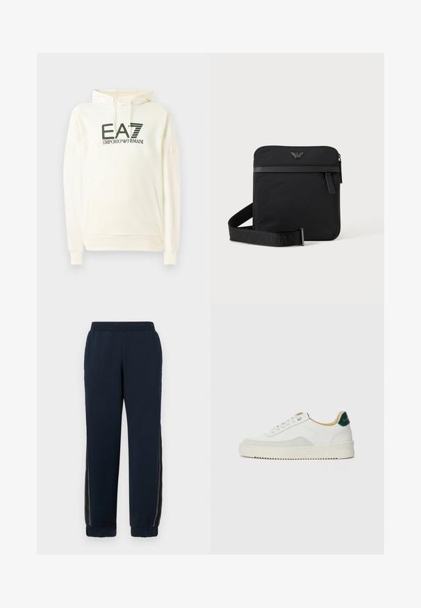 Hvid hættetrøje lavet af blødt stof, med en frontlomme og et trykt logo i mørkegrøn. Lange ærmer med ribbede manchetter.; Marineblå sweatpants med en blød tekstur, snævre manchetter og mesh-sider. Elastisk talje for komfort og casual pasform.; Hvide sneakers med ruskindsdetaljer, rund tå, flade snørebånd og en cremet gummisål. Har grøn branding på hælen.; Sort firkantet skuldertaske med lynlås, frontlomme og justerbar rem med præget brandnavn.