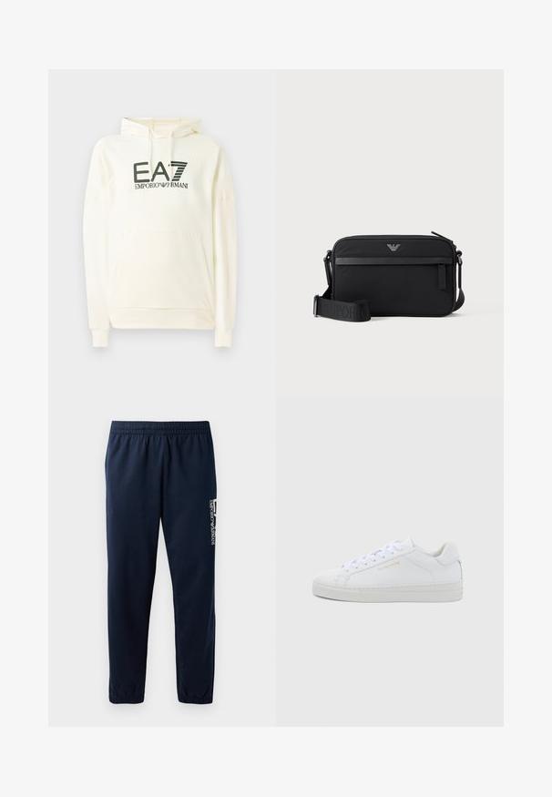 Weißer Kapuzenpullover aus weichem Material, mit einer vorderen Tasche und einem bedruckten Logo in Dunkelgrün. Lange Ärmel mit gerippten Bündchen.; Marineblaues Sweatpants mit elastischem Bund, zulaufenden Beinen und einem weißen Logo an der Seite. Glattes Gewebe mit leichter Textur.; Weiße Leder-Sneaker mit niedrigem Schnitt, runder Zehenpartie, flachen Schnürsenkeln, strukturierter Sohle und dezentem goldfarbenem Markenlogo an der Seite. Glatte Oberfläche und minimalistisches Design.; Schwarze rechteckige Umhängetasche mit vorderer Reißverschlusstasche, verstellbarem Schultergurt und kleinem Metalllogo oben in der Mitte.