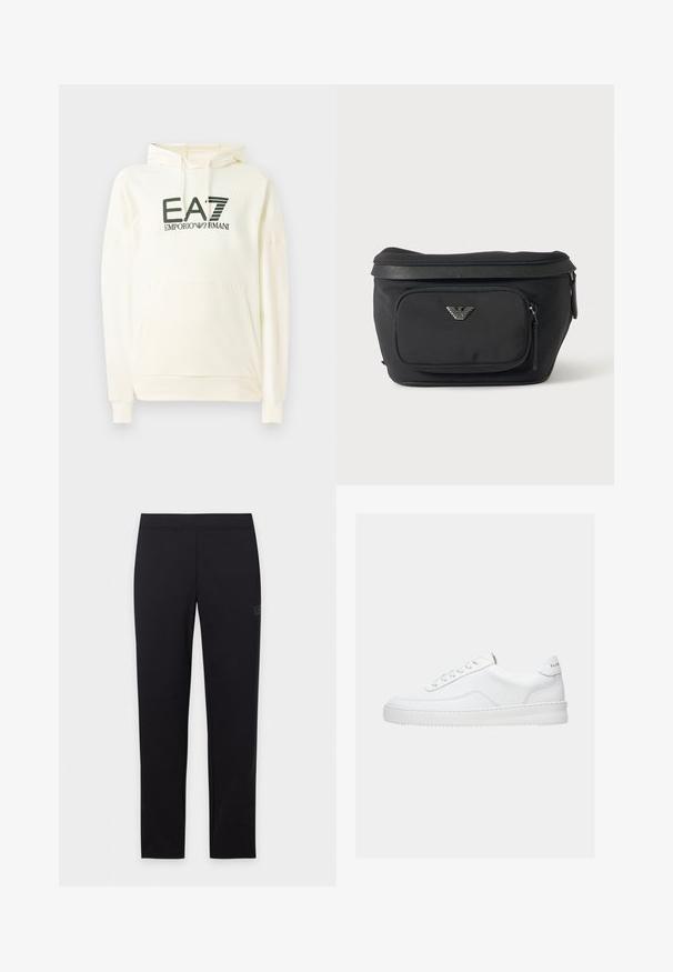 Hvid hættetrøje lavet af blødt stof, med en frontlomme og et trykt logo i mørkegrøn. Lange ærmer med ribbede manchetter.; Sorte slanke leggings med elastisk linning, vist fladt på en hvid baggrund.; Hvid lavt sneaker med snørelukning, glat læderoverdel og tyk sål, vist fra siden på en ensfarvet baggrund.; Sort bæltetaske med frontlynlåslomme og sølv ørn-logo, glat stof med tekstureret kant og lynlåstræk.