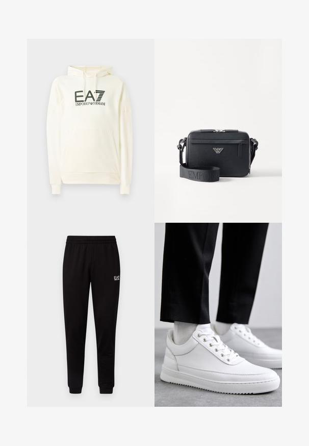 Sudadera blanca con capucha, hecha de un tejido suave, que cuenta con un bolsillo frontal y un logo impreso en verde oscuro. Mangas largas con puños de canalé.; Pantalones de chándal negros con cinturilla elástica, piernas ajustadas y un pequeño logo blanco en la parte superior izquierda. Textura suave y diseño sencillo.; Zapatillas de cuero blanco con una suela de goma plana, que presentan un acabado suave, punta redonda y ojetes de metal para los cordones. Llevadas con pantalones negros.; Bolsa bandolera negra hecha de material texturizado. Presenta un cierre con cremallera, un bolsillo frontal con cremallera y un acento de logo metálico. Incluye una correa ajustable.