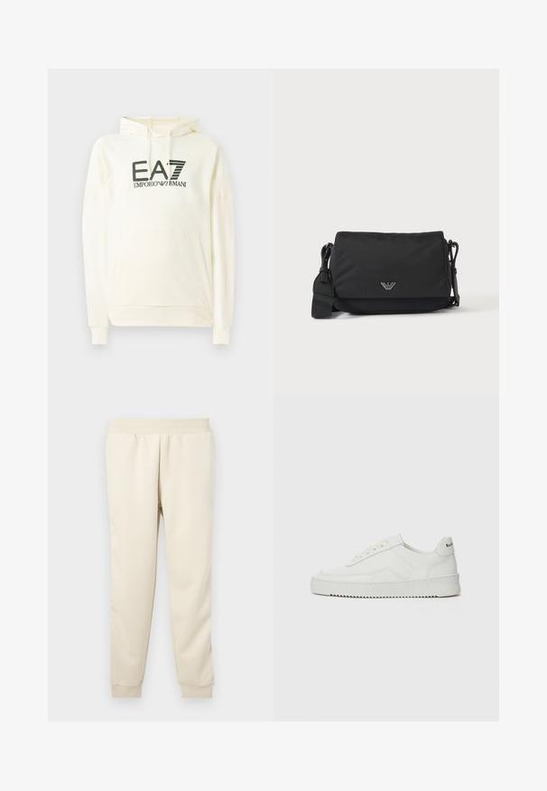 Witte hoodie gemaakt van zacht materiaal, met een voorzak en een gedrukt logo in donkergroen. Lange mouwen met ribgebreide boorden.; Lichtbeige sweatpants gemaakt van zachte stof met een taps toelopend ontwerp, elastische tailleband en boorden bij de enkels. Geen zichtbare patronen of accenten.; Witte leren sneaker met een gladde afwerking, ronde neus, platte veters en een gestructureerde zool. Kenmerkt zich door een subtiel logo op de hiel.; Zwarte crossbodytas met verstelbare band en klein zilverkleurig logo-embleem op de voorflap, afgebeeld op een effen lichte achtergrond.